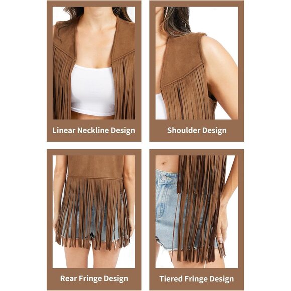 🆕Women Brown Faux Suede Western Sleeveless 70s Cowgirl Hippie Outfits - Picture 8 of 8